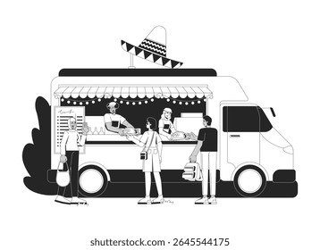 Caminhão de comida mexicano lotado com tacos handoff 2D caracteres de linha. Fornecedores amigáveis que servem refeição cultural para diversos clientes isolados tinta vetor delineiam pessoas. Ilustração de ponto monocromático