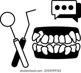 Crowded or Misaligned teeth with Dental Excavator Concept, dental crowding or malocclusion with mouth Mirror vector design, Odontology symbol, manual dexterity sign Dentist tools stock illustration