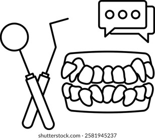 Crowded or Misaligned teeth with Dental Excavator Concept, dental crowding or malocclusion with mouth Mirror vector icon design, Dentistry symbol, Healthcare sign, Dental instrument illustration