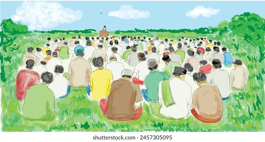 crowded people listening to the khutbah after performing eid prayer in eid al-fitr and eid al-adha, watercolor drawing and illustration vector