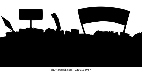 Crowded protest with raised fist, banners and placards in dark silhouette.