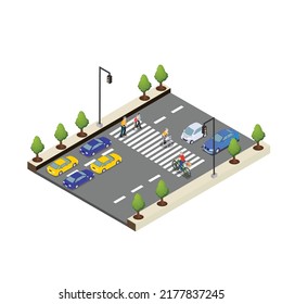 Crowded road with a zebra crossing isometric 3d vector illustration concept for banner, website, illustration, landing page, flyer, etc.