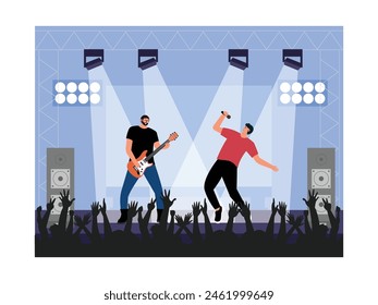 Crowded rock group concert with enthusiastic audience, vector illustration.