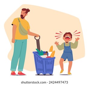 In The Crowded Store, A Child Piercing Screams Echoed, A Tantrum Unfolded. The Father, Wearied And Saddened, Struggled To Console Amid Sympathetic Stares. Character Cartoon People Vector Illustration