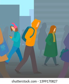 Crowded street with faceless people walking. Man with a backpack, women in casual clothes. Urban lifestyle. Vector cartoon flat illustration.