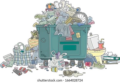 Crowded street litter bin with household garbage and waste, vector cartoon illustration on a white background