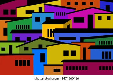 Una concurrida calle de cabañas coloridas densamente llenas  