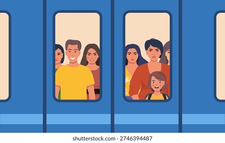 Crowded subway train. Commuters inside busy subway in rush hour. People behind window door. Overcrowded metro train, public transport.