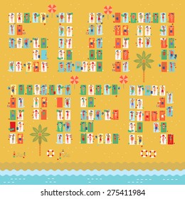 Crowded summer at the beach with people sunbathing,reading,sleeping,playing tablet,playing sand in retro vintage map style