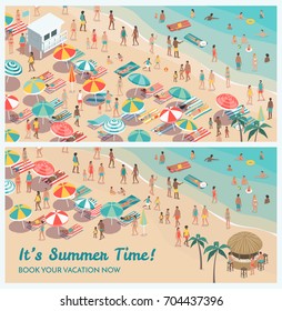 Crowded tropical beach resort banner set with people, beach umbrellas and sunbeds, vacations and travel concept, aerial view