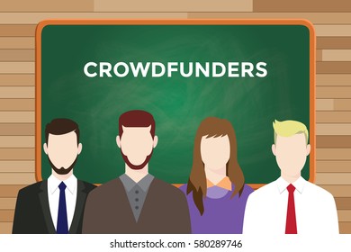 crowdfounders illustration with four people in front of green chalk board and  white text