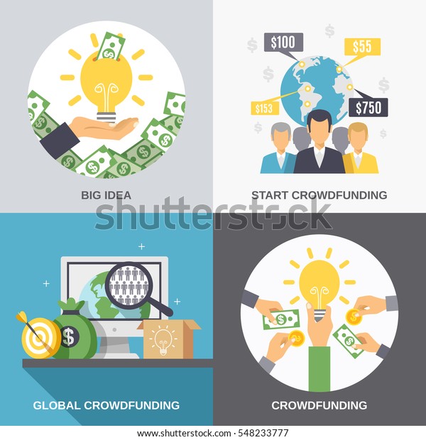 クラウドファンディング2x2のデザインコンセプトとビジネスアイデアファイナンス投資 グローバルな寄付アイコンの構成の平面的なベクターイラスト のベクター画像素材 ロイヤリティフリー