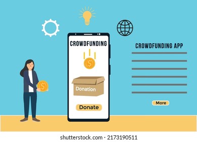 Crowdfunding app illustration for donation purposes vector. Female flat character design with gold coin and mobile phone. Online donation and fund rising process vector with a crowdfunding app.