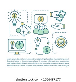 Crowdfunding article page vector template. Startup venture investment. Brochure, magazine, booklet design element with linear icons and text boxes. Print design. Concept illustrations with text space