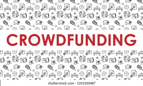 Crowdfunding background (16x9 ratio). Slide template for presentations with icons set. Banner for website and social media. Contains seamless pattern swatch. Vector design illustration.