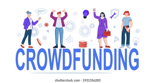 Banner de crowdfunding con palabras grandes y personas, ilustración vectorial de dibujos animados sobre fondo blanco. Inversiones para la puesta en marcha y financiación de nuevas ideas de negocio. Innovación y crowdfunding.