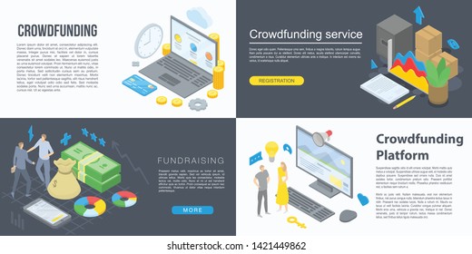 Crowdfunding banner set. Isometric set of crowdfunding vector banner for web design