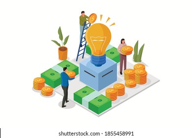 Crowdfunding business idea isometric. Support or collective raise money for new ideas. Entrepreneur business strategy. 
Raising funds for the capital of a project. Flat vector illustration.