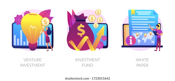 Crowdfunding campaign. Startup financing, seed funding. Creative idea generation. Venture investment, investment fund, white paper metaphors. Vector isolated concept metaphor illustrations