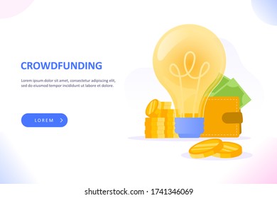 Crowdfunding or charity concept. Light bulb in front of coin stack and money in wallet. Investment into startup or idea concept. Vector illustration for web banner or landing page