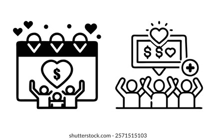 Crowdfunding and charity outline icons, Two black outline icons showcasing fundraising and charity concepts with hearts, dollar signs, and people, ideal for nonprofit projects. 
