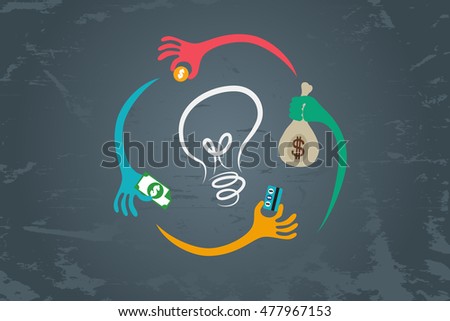 Crowdfunding cocept. Many hands around light bulb to give their fund to support good idea.