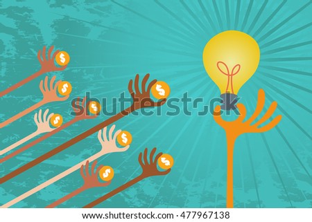 Crowdfunding cocept. Many hands give their fund to support good idea.