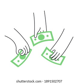 Crowdfunding, collecting money, investment, donation. Hands with money, buying and selling, investing concept. Thin line vector illustration on white.