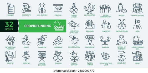 Crowdfunding collection icon. A way of raising money to finance projects and businesses. It enables fundraisers to collect money from a large number of people and often used by startup companies