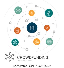 Crowdfunding colored circle concept with simple icons. Contains such elements as startup, product launch, funding platform, community