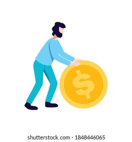 Crowdfunding composition with big dollar coin being pulled by male character with beard vector illustration