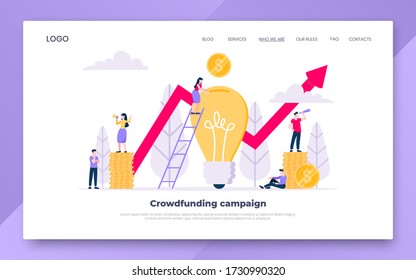 Crowdfunding composition concept of fundraising. Coins money currency, light bulb and red arrow with tiny people landing page template flat style design vector illustration isolated white background.