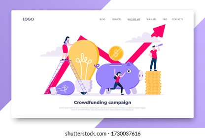 Crowdfunding composition concept of fundraising. Piggy bank with coins money currency and light bulb with tiny people characters flat style design vector illustration isolated white background
