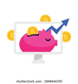 Crowdfunding composition of desktop computer screen with image of pig shaped money box and gold coins vector illustration