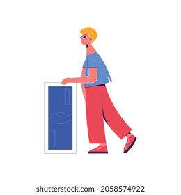 Composición del crowdfunding con caracter de garabato portando ilustraciones vectoriales de billetes grandes
