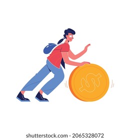 Composición del crowdfunding con el personaje del doodle empujando la ilustración vectorial de la moneda de gran dólar