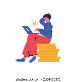 Crowdfunding composition with doodle character sitting on stack of coins with laptop vector illustration