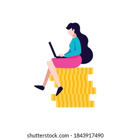 Crowdfunding composition with female character of girl sitting on stack of golden coins with laptop vector illustration