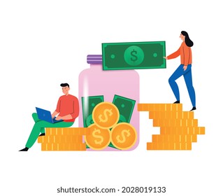 Composición del crowdfunding con íconos planos de pilas de monedas y latas de vidrio con personas y billetes ilustración vectorial