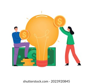 Composición del crowdfunding con iconos planos de la lámpara de ideas en efectivo y personas que sostienen monedas ilustración vectorial