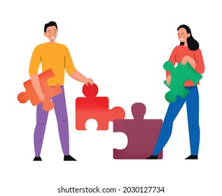 Crowdfunding composition with flat icons of puzzle pieces held by male and female characters vector illustration