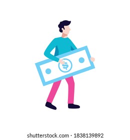 Crowdfunding composition with human character of guy holding big dollar banknote isolated on blank background vector illustration