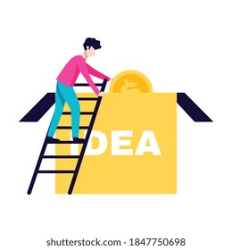 Crowdfunding composition with human character on ladder looking into idea box with coins vector illustration