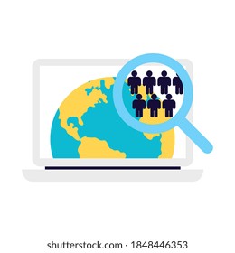 Crowdfunding composition with images of laptop computer with world map app and hand lens vector illustration