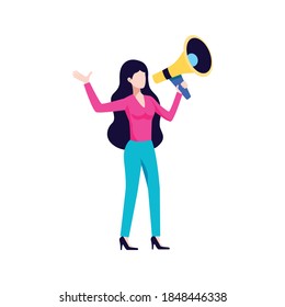 Crowdfunding composition with isolated human character of woman on high heels with megaphone on blank background vector illustration