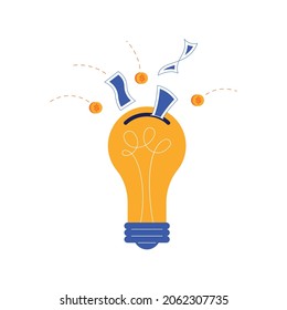 Crowdfunding composition with lamp bulb and money flying into bank hole vector illustration