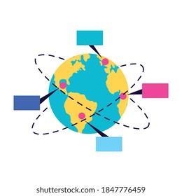 Crowdfunding composition with traces and messaging bubbles pointing to different locations on earth globe vector illustration