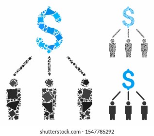 Crowdfunding composition of uneven pieces in variable sizes and color tinges, based on crowdfunding icon. Vector uneven items are combined into composition.