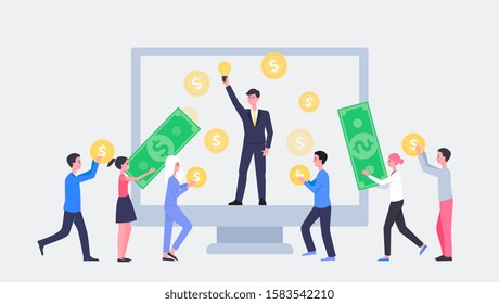 Crowdfunding concept banner or landing page for business startup idea and investment, flat vector illustration isolated on white background. Money and capital raising.
