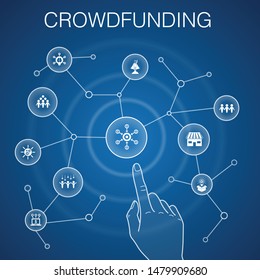 Crowdfunding concept, blue background. startup, product launch, funding platform, community icons
